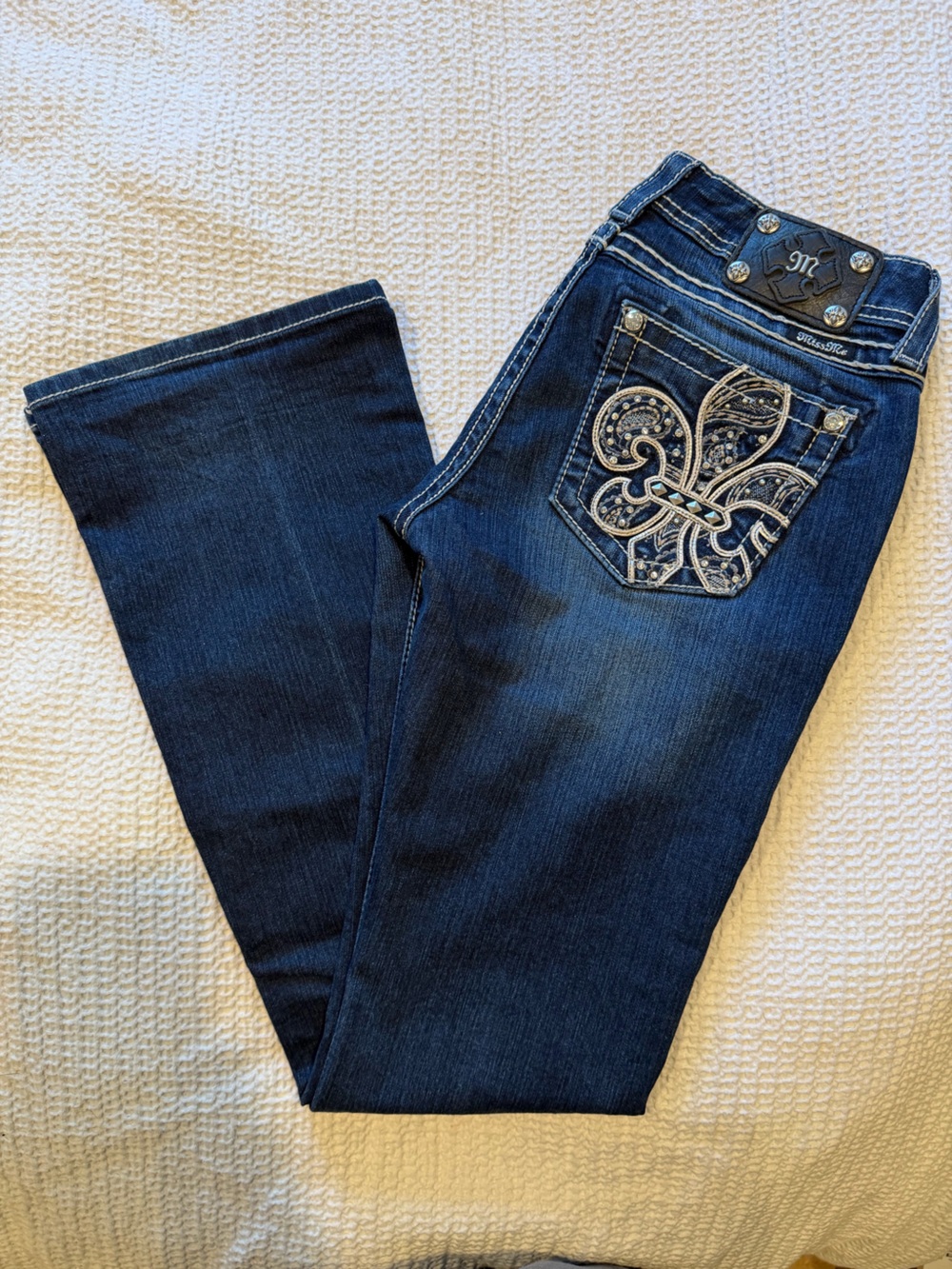 Miss Me Dark Blue Boot Cut Jeans with Embellished Fleur Pocket